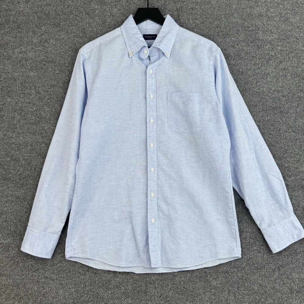 Proper Cloth Linen Blend Dress Shirt Mens 16.5 Blue Button Down Long Sleeve
